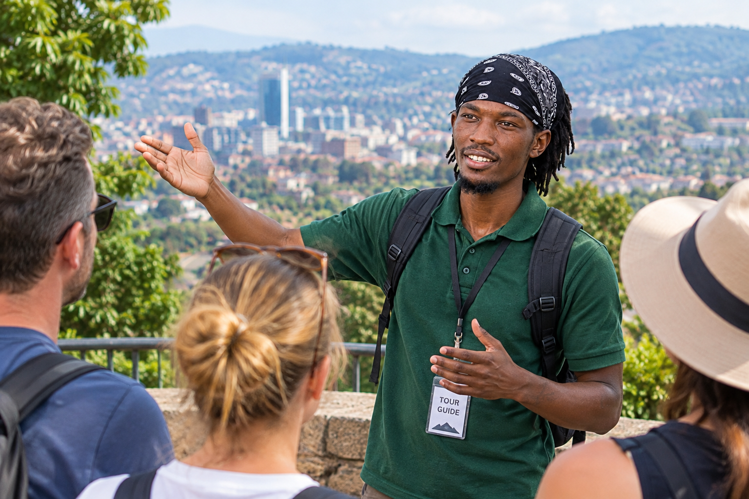 Local Discover Kigali on Foot guide explaining Kigali to a small group of tourists from a city viewpoint