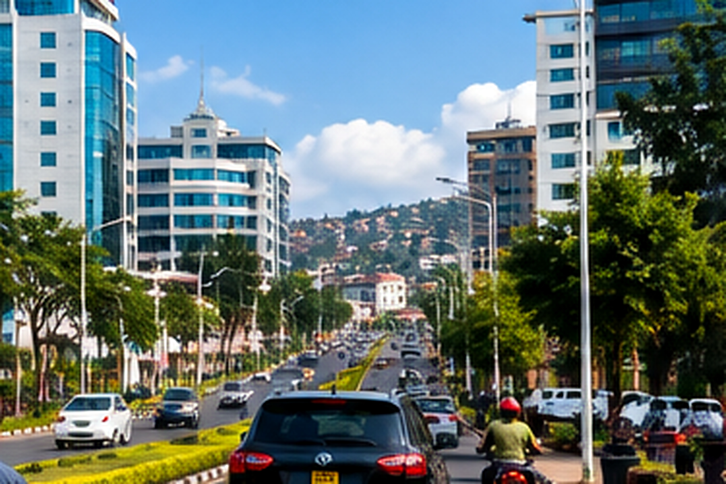 Kigali cityscape with buildings and green hills